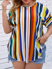  Colorblock Stripe Print Short Sleeve Top