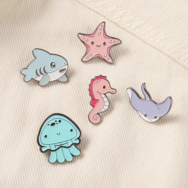 Enamel Marine Life Brooch Set Shark Jellyfish Seahorse Pins