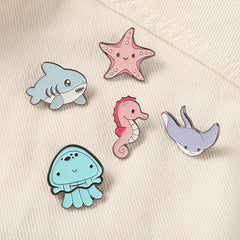 Enamel Marine Life Brooch Set Shark Jellyfish Seahorse Pins