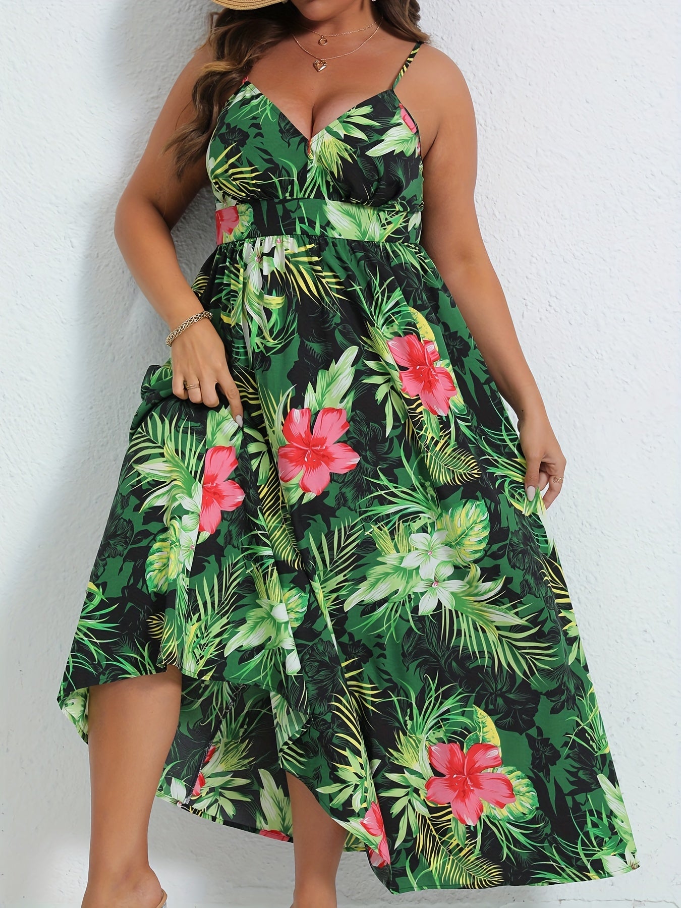  Boho Dress Women's Plus Tropical Print V Neck Nipped Waist Pleated Cam