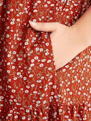  Ditsy Print Short Sleeve Round Neck Dress With Pockets