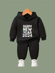Girls 2pcs Happy Year Hooded Sweatshirt Solid Sweatpants Set