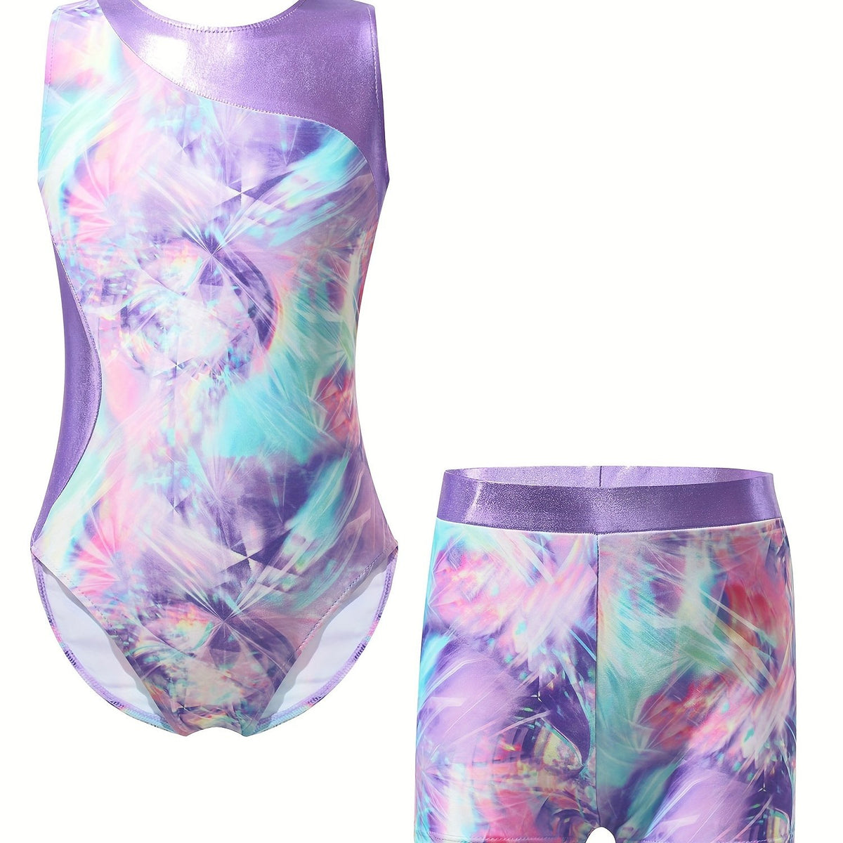 Girls 2pc Gymnastics Training Sets Sleeveless Athletic Jumpsuit & Shorts