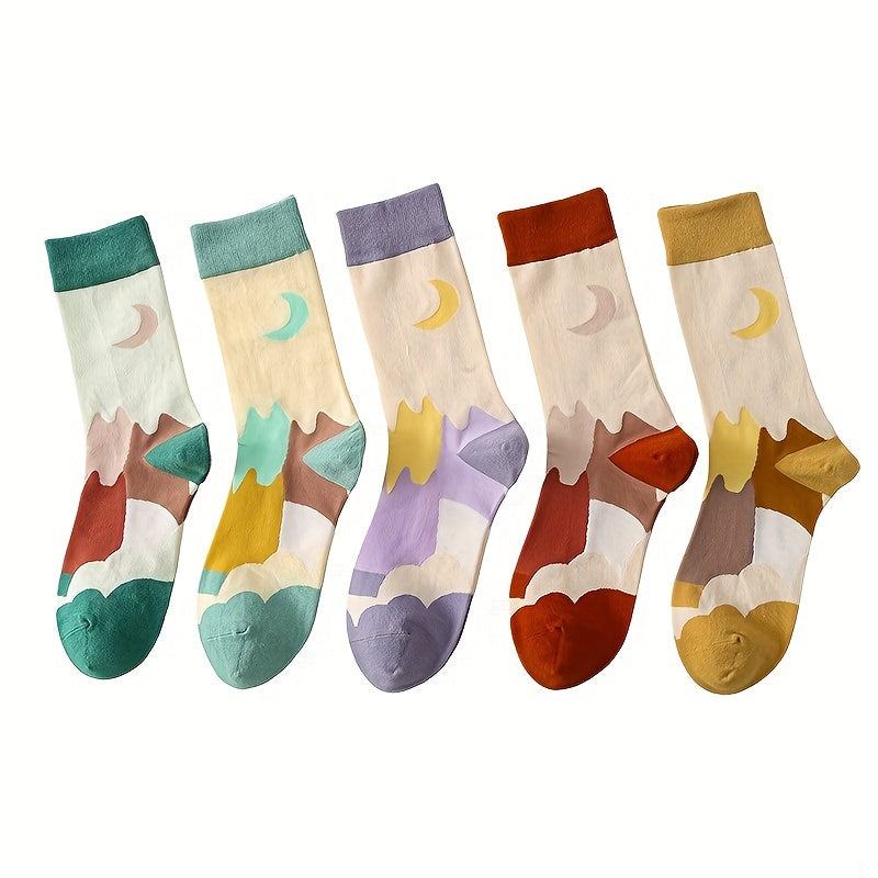 5 Pairs Moon Print Socks Colorblock Crew Socks Women's Stockings