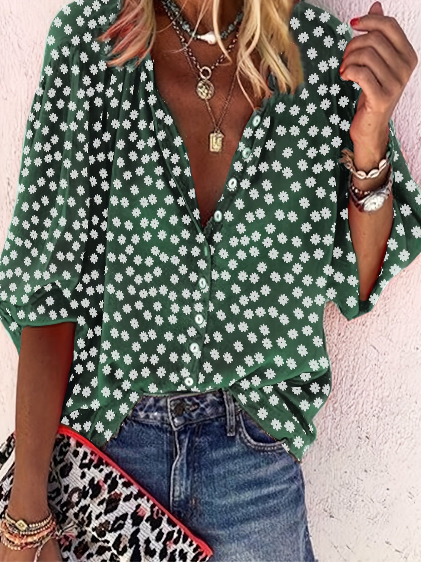  Boho Blouse Floral Print Puff Sleeve Shirt