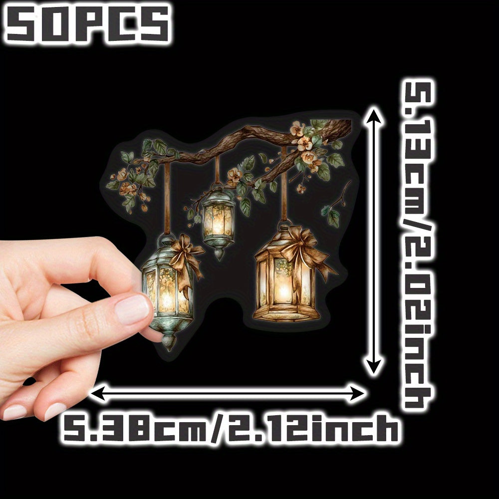 50pcs Lantern Themed Stickers Floral Heart Patterns Decal