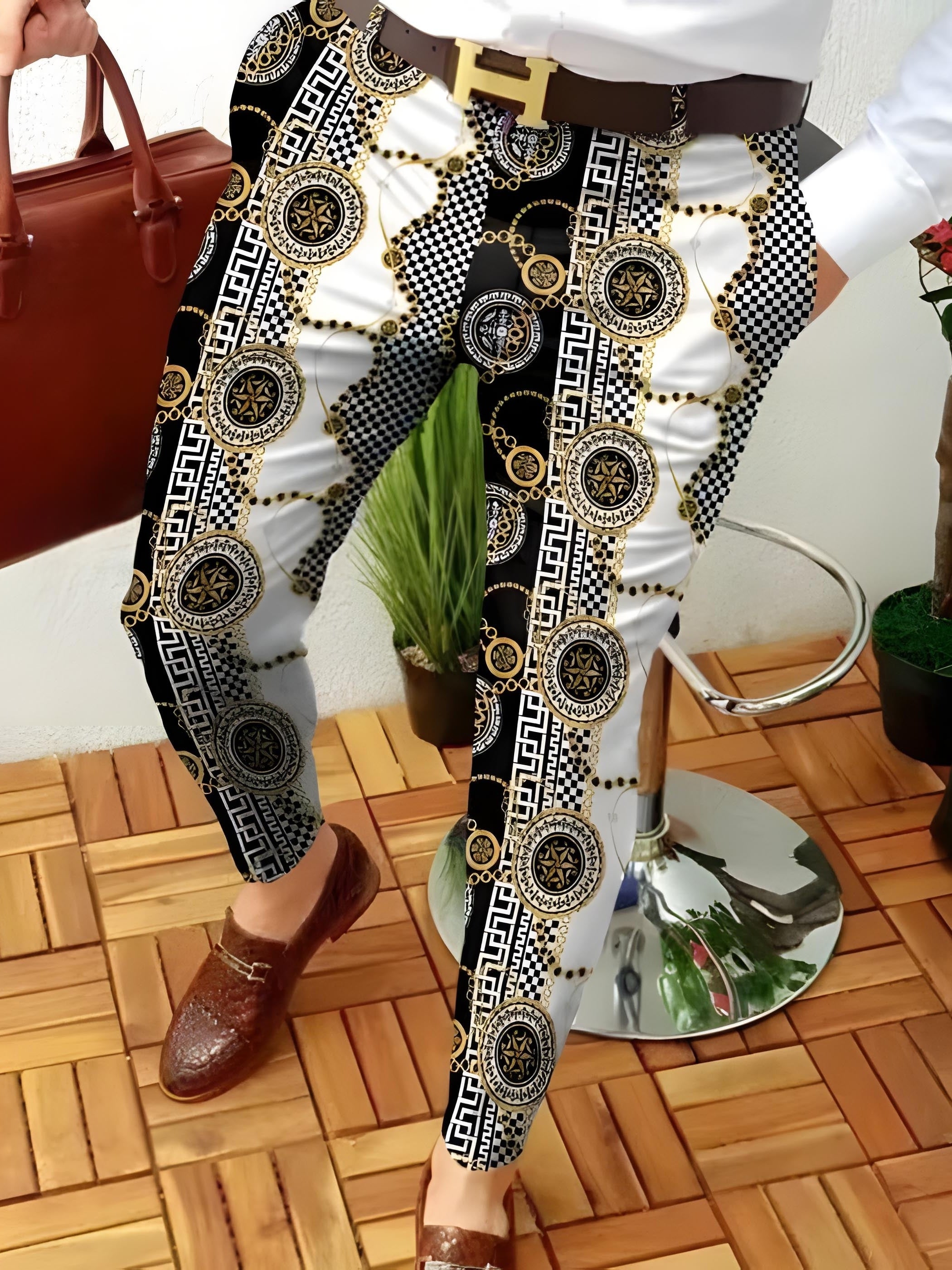 Slim Fit Geometric Print Slacks Men's Casual Vintage Style Stretch Dress Pants