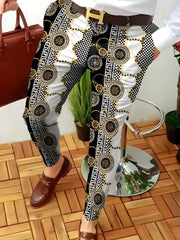 Slim Fit Geometric Print Slacks Men's Casual Vintage Style Stretch Dress Pants