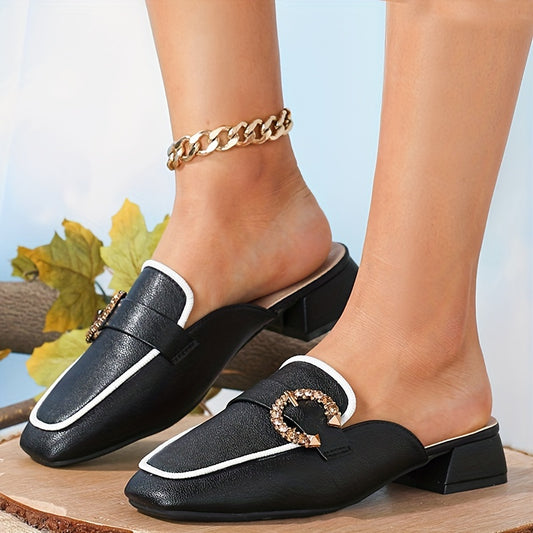 Low Heeled Mules Rhinestone Buckle Slip On Chunky Heels