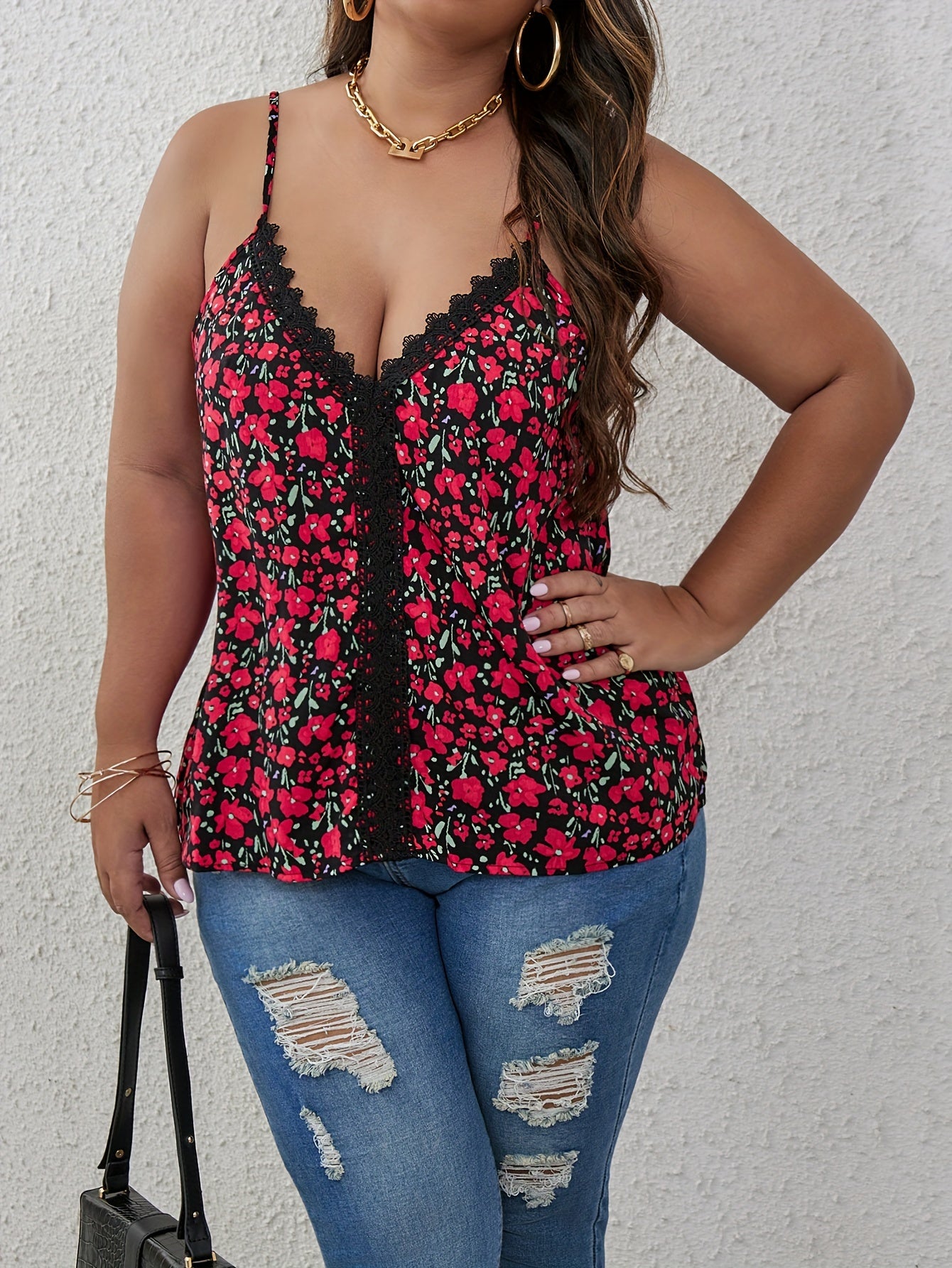  Sexy Cami Top Women's Plus Ditsy Floral Print Lace V Neck