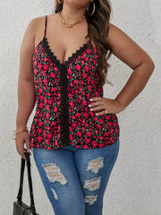  Sexy Cami Top Women's Plus Ditsy Floral Print Lace V Neck