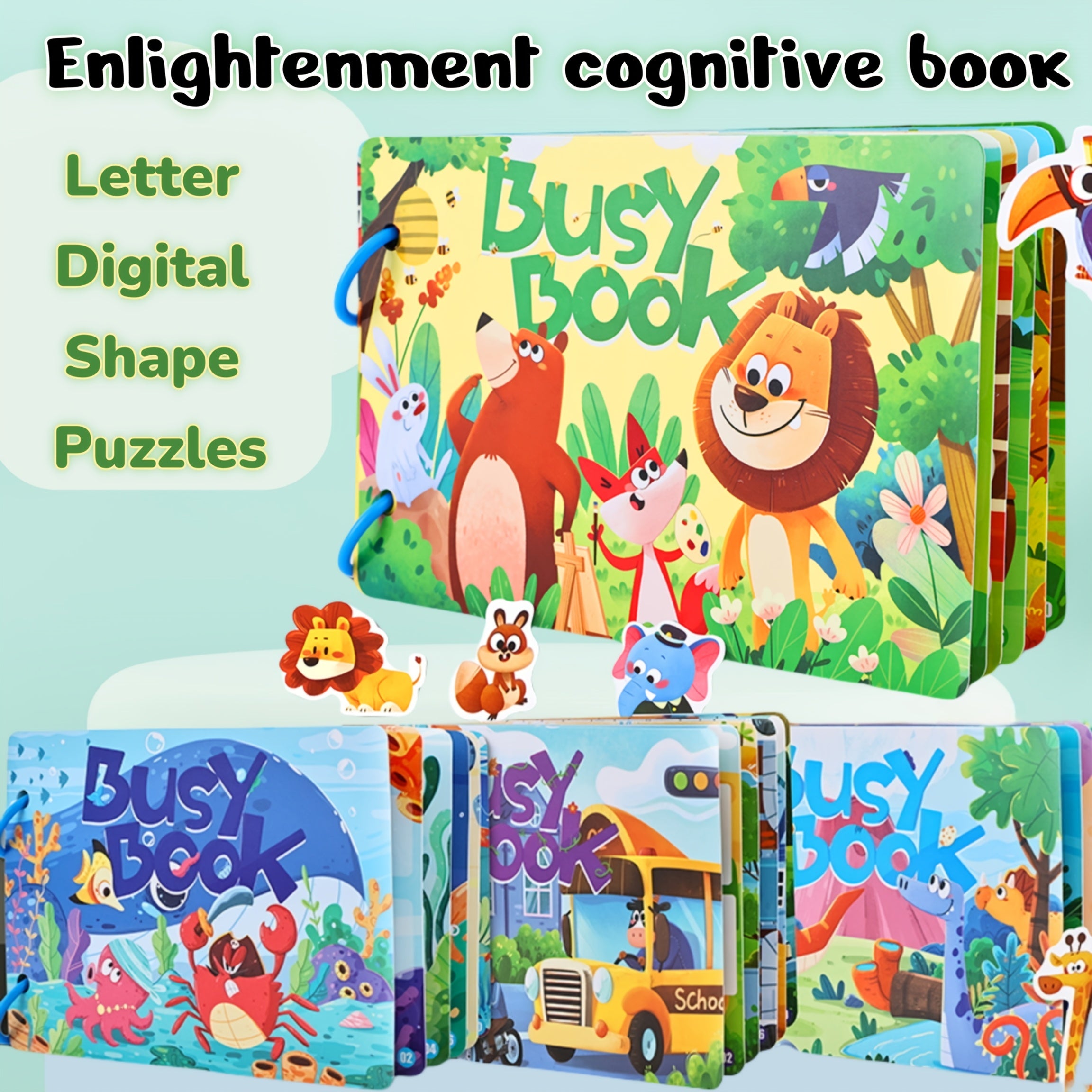 Interactive Cartoon Busy Book with Letters & Math Skills, Sticker Activity