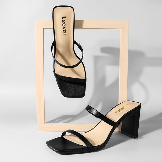 Women's Chunky Heel Square Toe Sandals High Heels Slip On