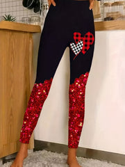  Colorblock Plaid Heart Print Leggings Medium Stretch Slim Fit
