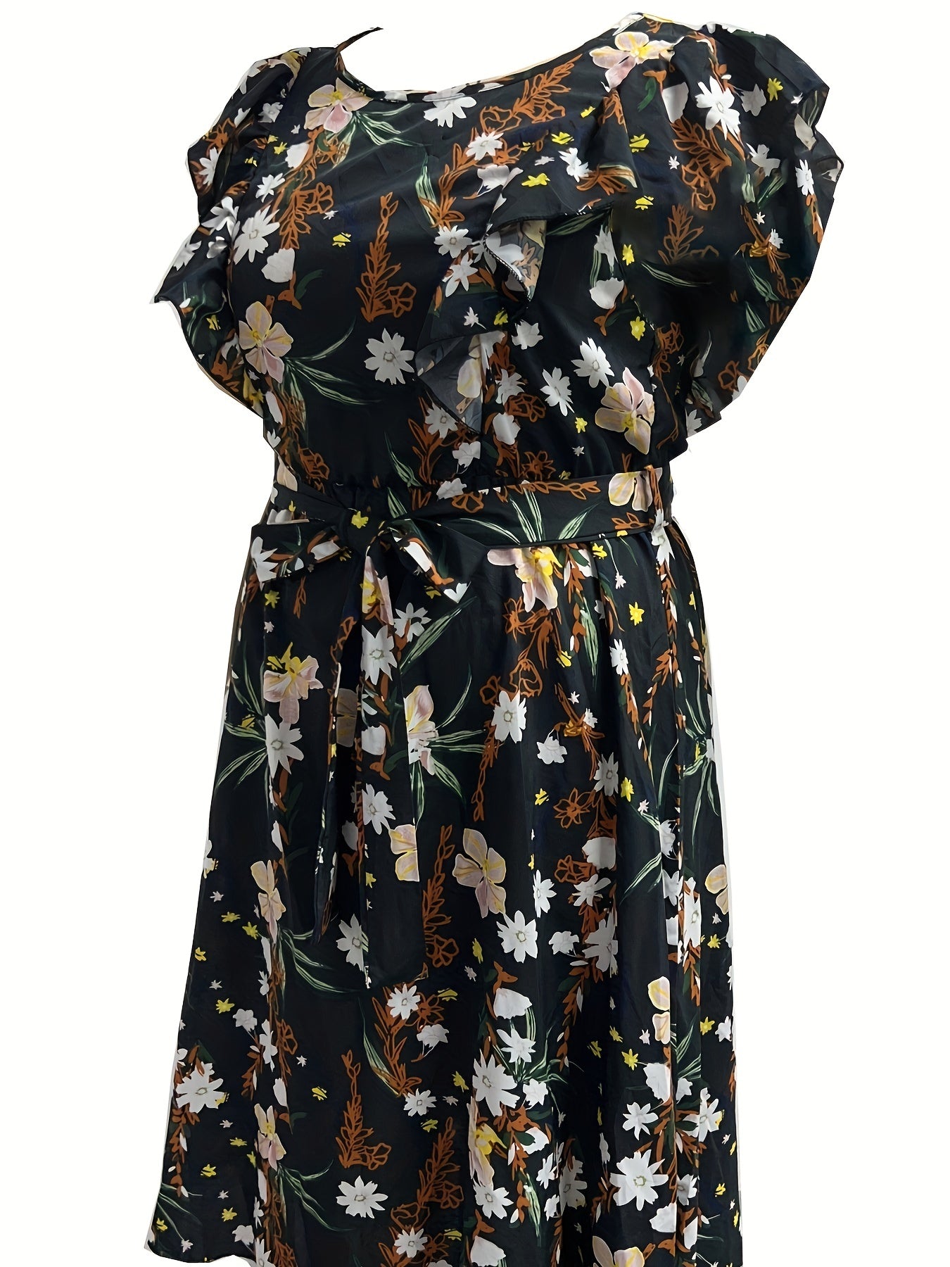  Floral Print Ruffle Trim Cap Sleeve Midi Dress With Belt