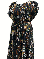  Floral Print Ruffle Trim Cap Sleeve Midi Dress With Belt