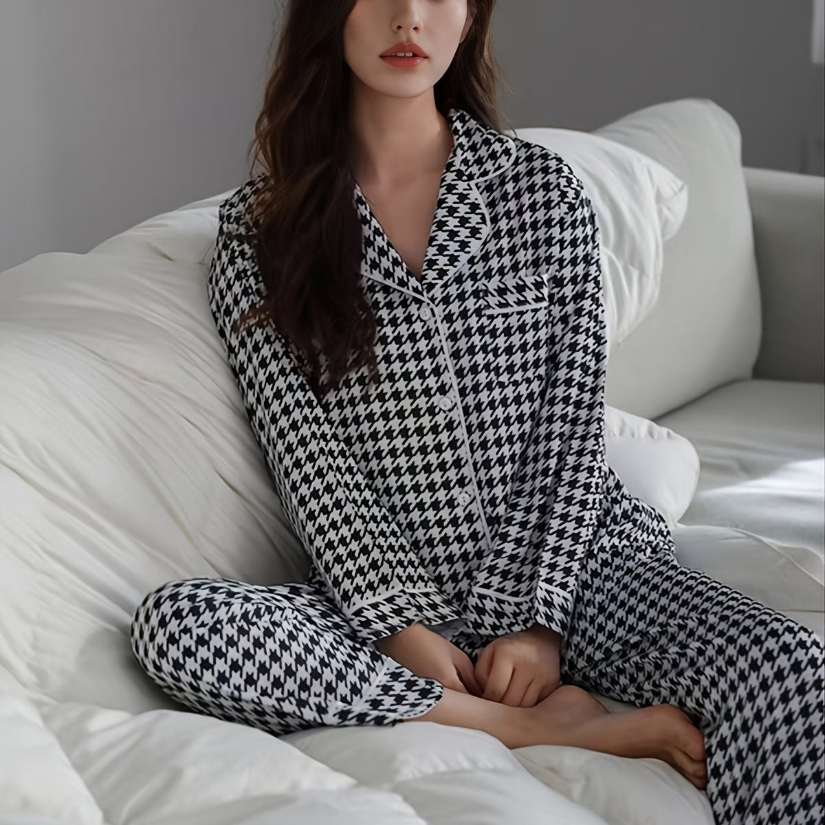 Classic Houndstooth Pajama Set Long Sleeve Shirt & Trousers