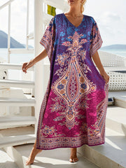  Boho Kaftan Dress Women's Tribal Print V Neck Maxi Beachwear