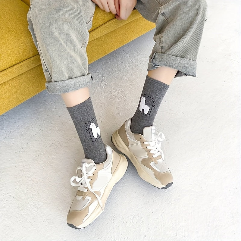 5 Pairs Alpaca Print Socks Comfy Women's Mid Tube Stockings