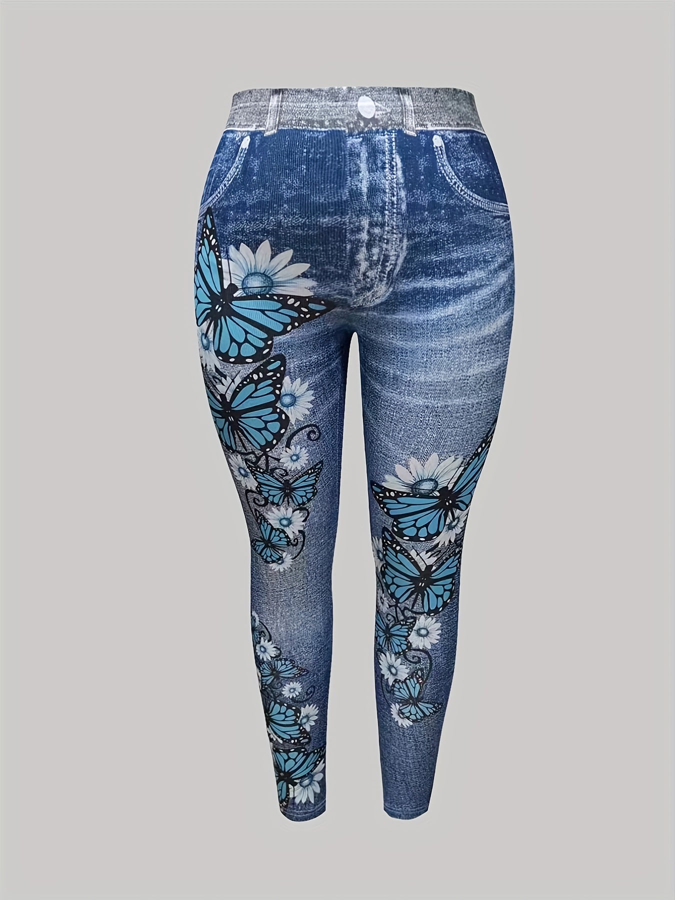  Denim & Butterfly Print High Rise Leggings