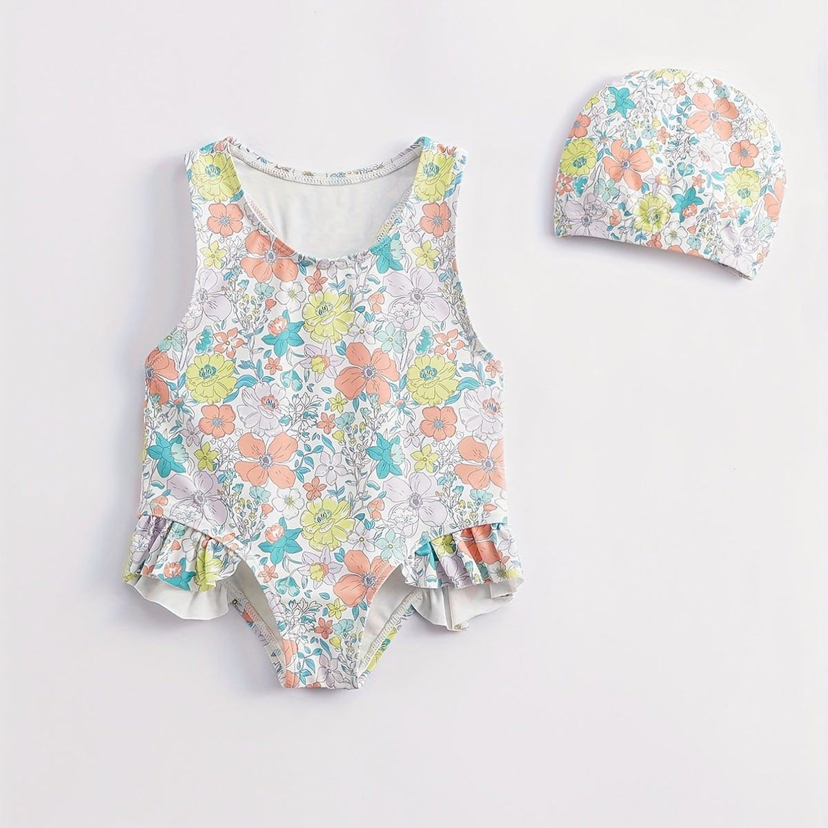 Toddler Girls Fish Pattern Swimsuit & Swim Hat Set