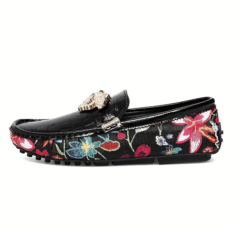 Floral Print Loafers Metal Decor Slip On Shoes Low Top Flat Shoes