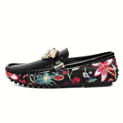 Men's Floral Slip On Loafers Metal Decor Rubber Sole Shoes