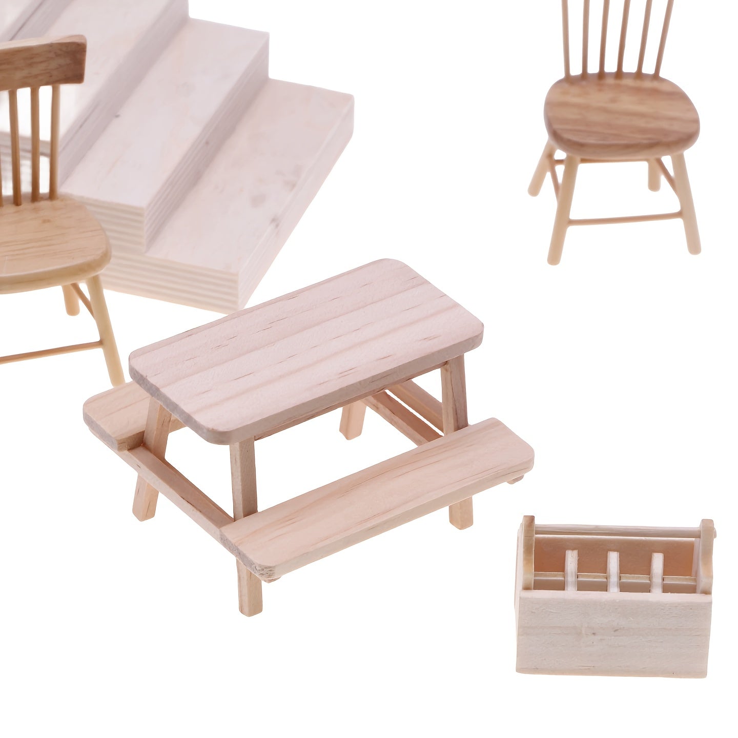 Wooden Table and Chairs Set for Dollhouse Play - Beige