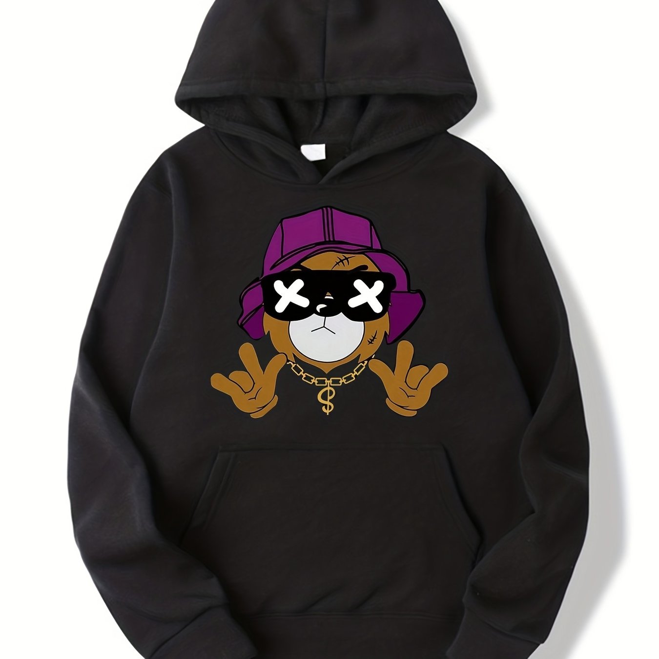 Hip Hop Bear Print Boys Hooded Sweatshirt, Spring Fall Kids Clothing