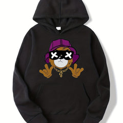 Hip Hop Bear Print Boys Hooded Sweatshirt, Spring Fall Kids Clothing