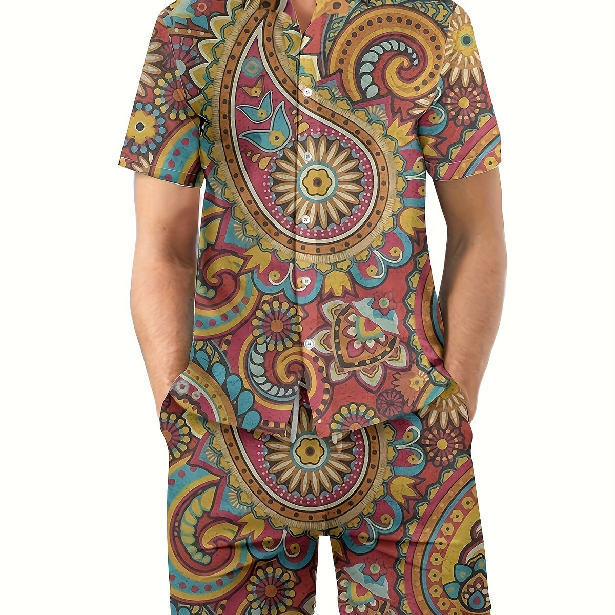 Ethnic Pattern Men's 2Pcs Hawaiian Shirt And Shorts Set