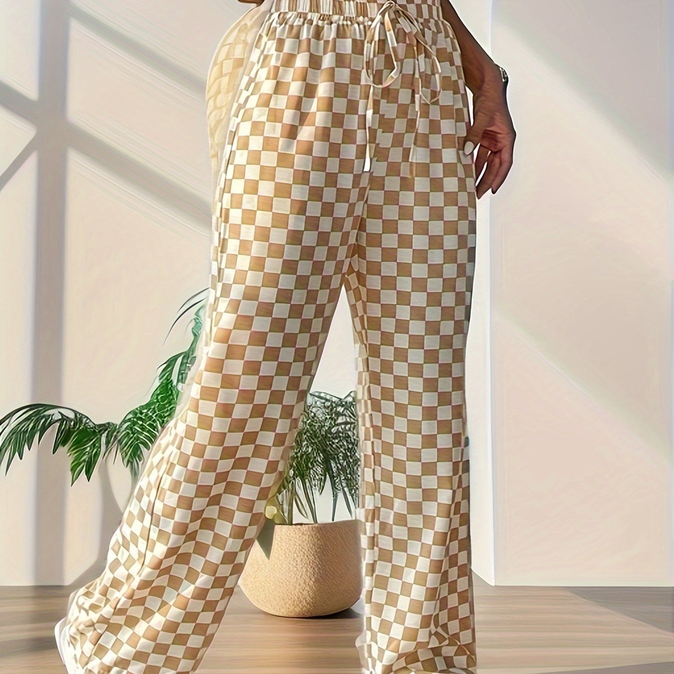 Women's Plus Checkerboard Print Wide Leg Trousers