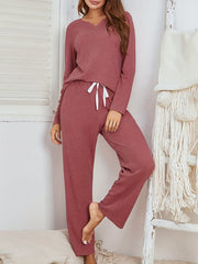 Waffle Lounge Set Long Sleeve V Neck Top & Pants