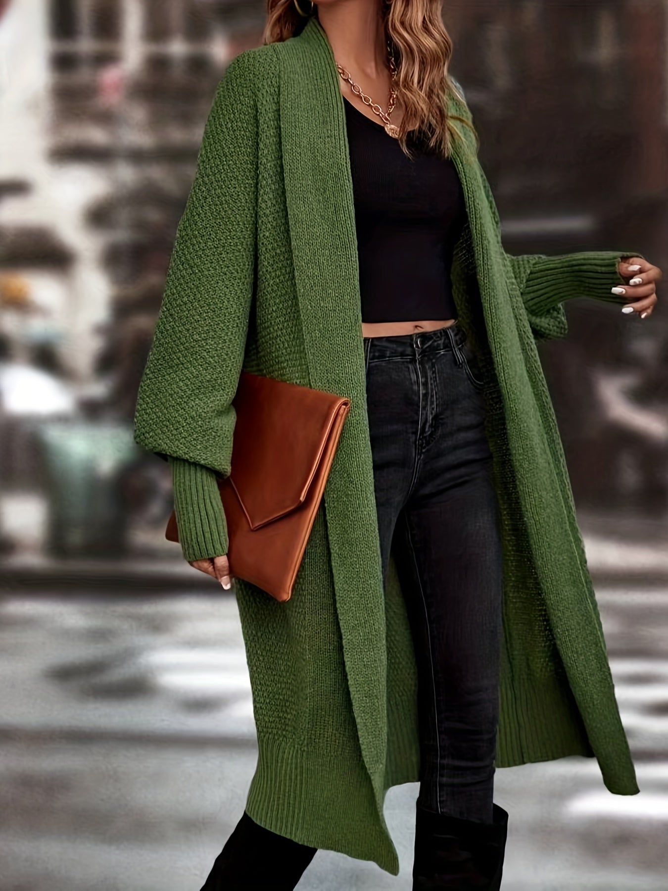  Solid Lantern Sleeve Knitted Duster Cardigan
