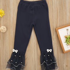 Girls Ruffle Mesh Trim Leggings With Bowknot