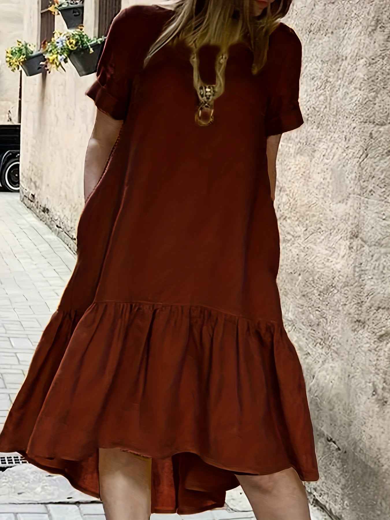  Solid Round Neck Smock Dress With Pockets