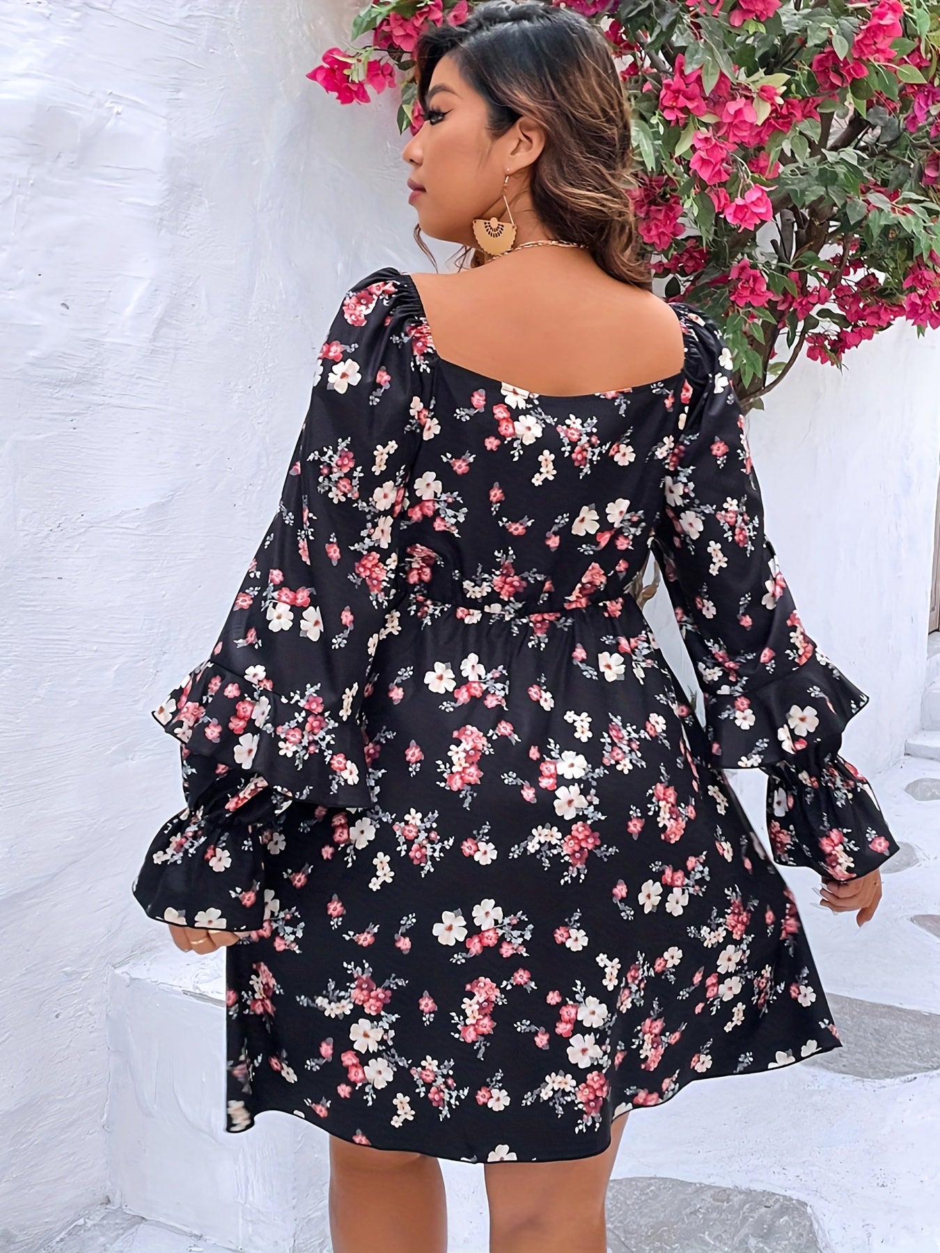  Floral Print Ruffle Trim Midi Dress
