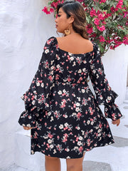  Floral Print Ruffle Trim Midi Dress
