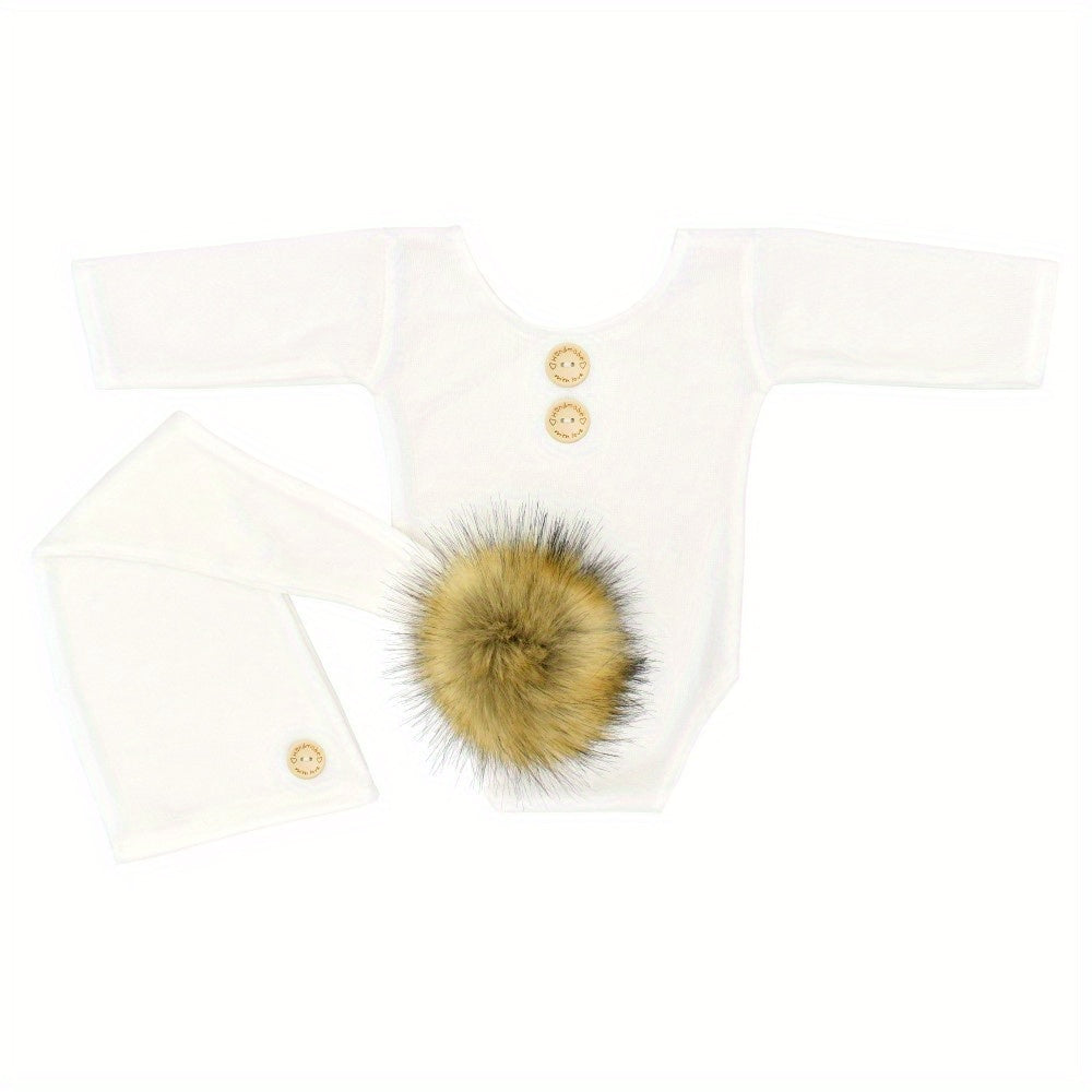Newborn Baby Photo Props Suit with Fur Ball Long-tailed Cap