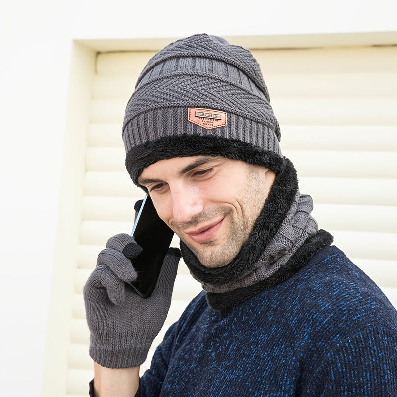 3pcs Casual Fleece Knitted Men's Outdoor Warm Hat Halter Gloves