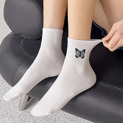 4 Pairs Butterfly Pattern Ribbed Socks Soft Mid Tube Women's Stockings