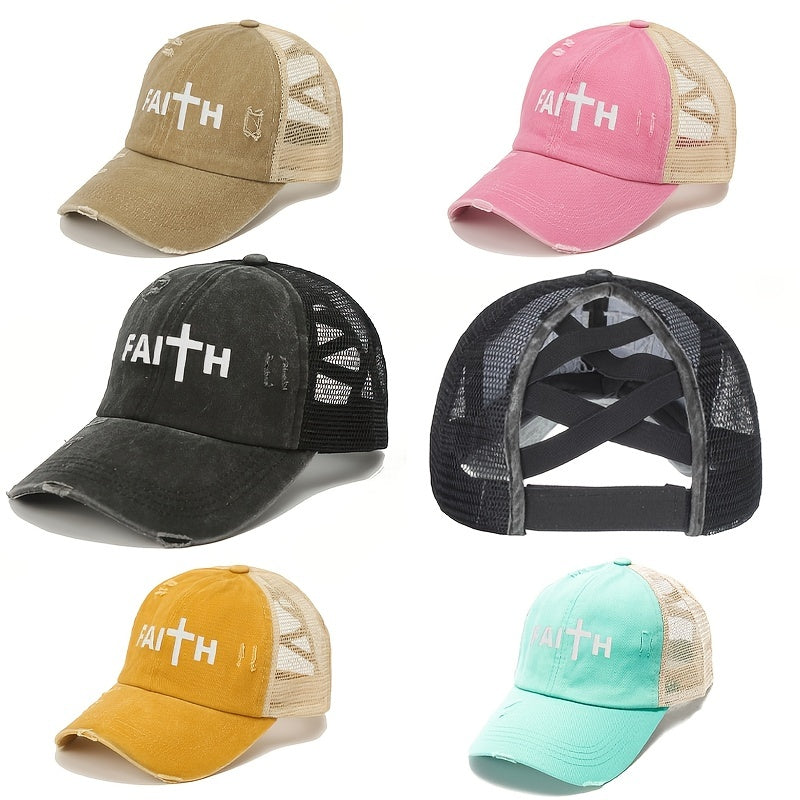 FAITH Ponytail Trucker Hat Washed Distressed Baseball Cap