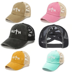 FAITH Ponytail Trucker Hat Washed Distressed Baseball Cap