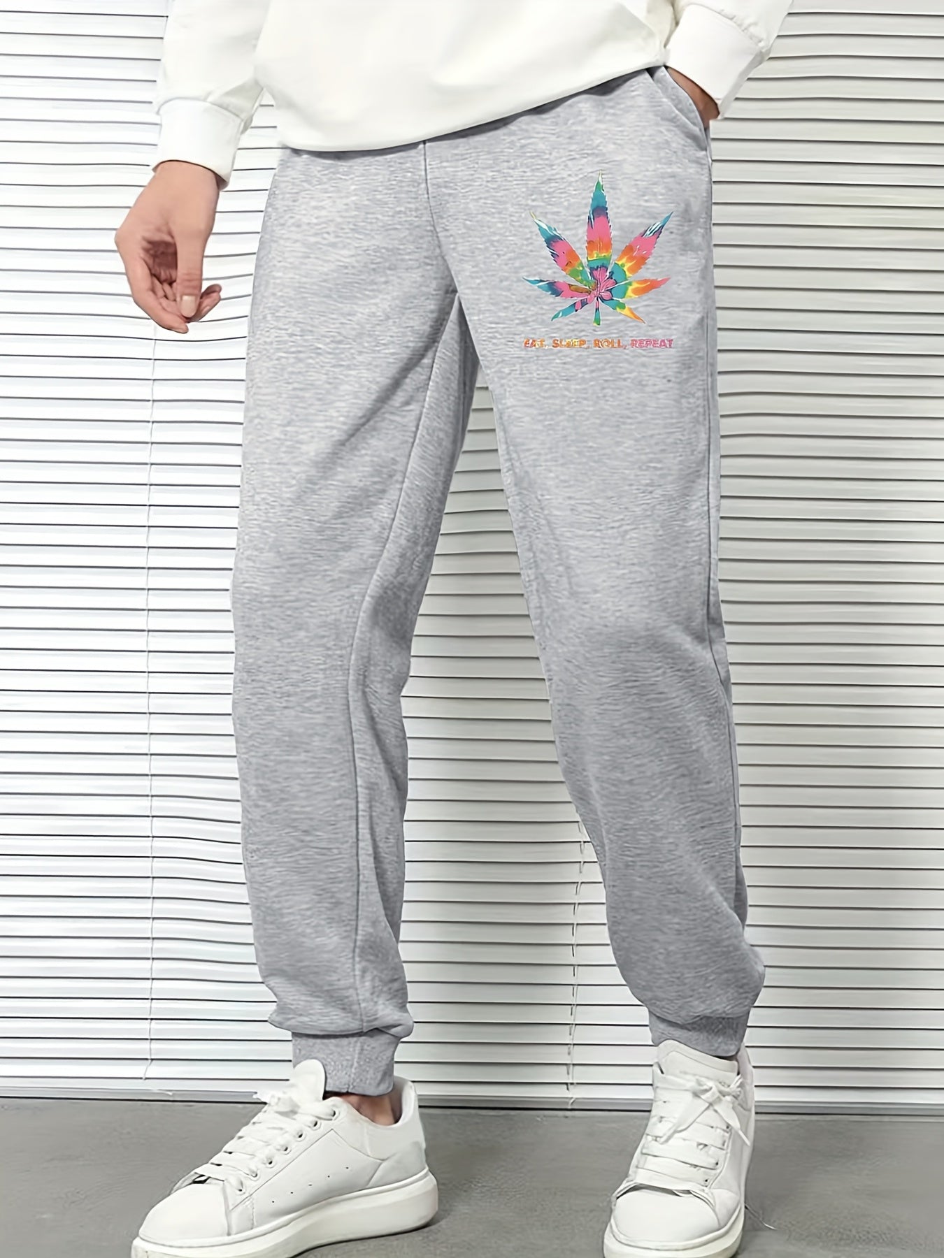 Men's Leaf Print Sports Pants Drawstring Jogging Trousers