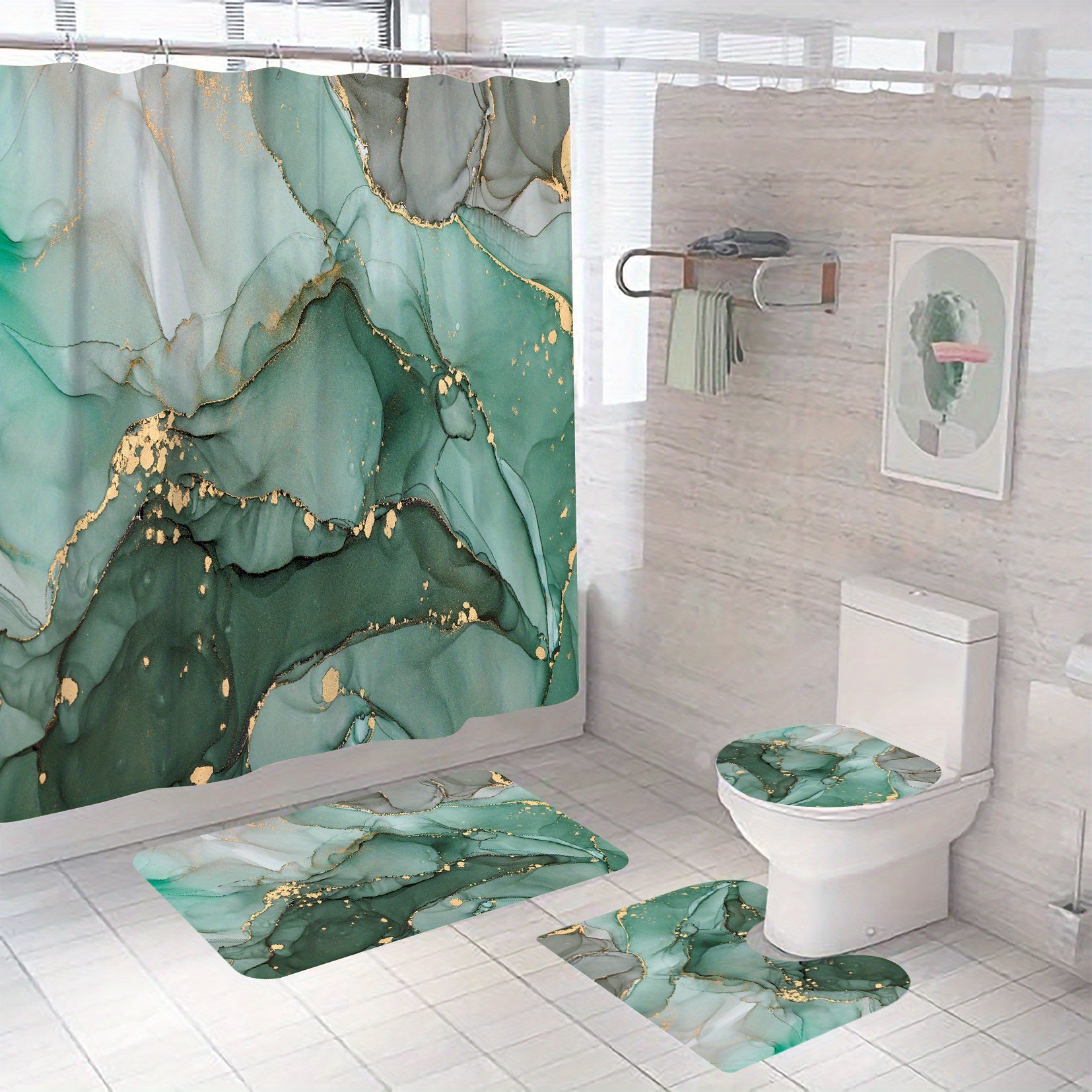 Waterproof Marble Shower Curtain & Bathroom Rug Set