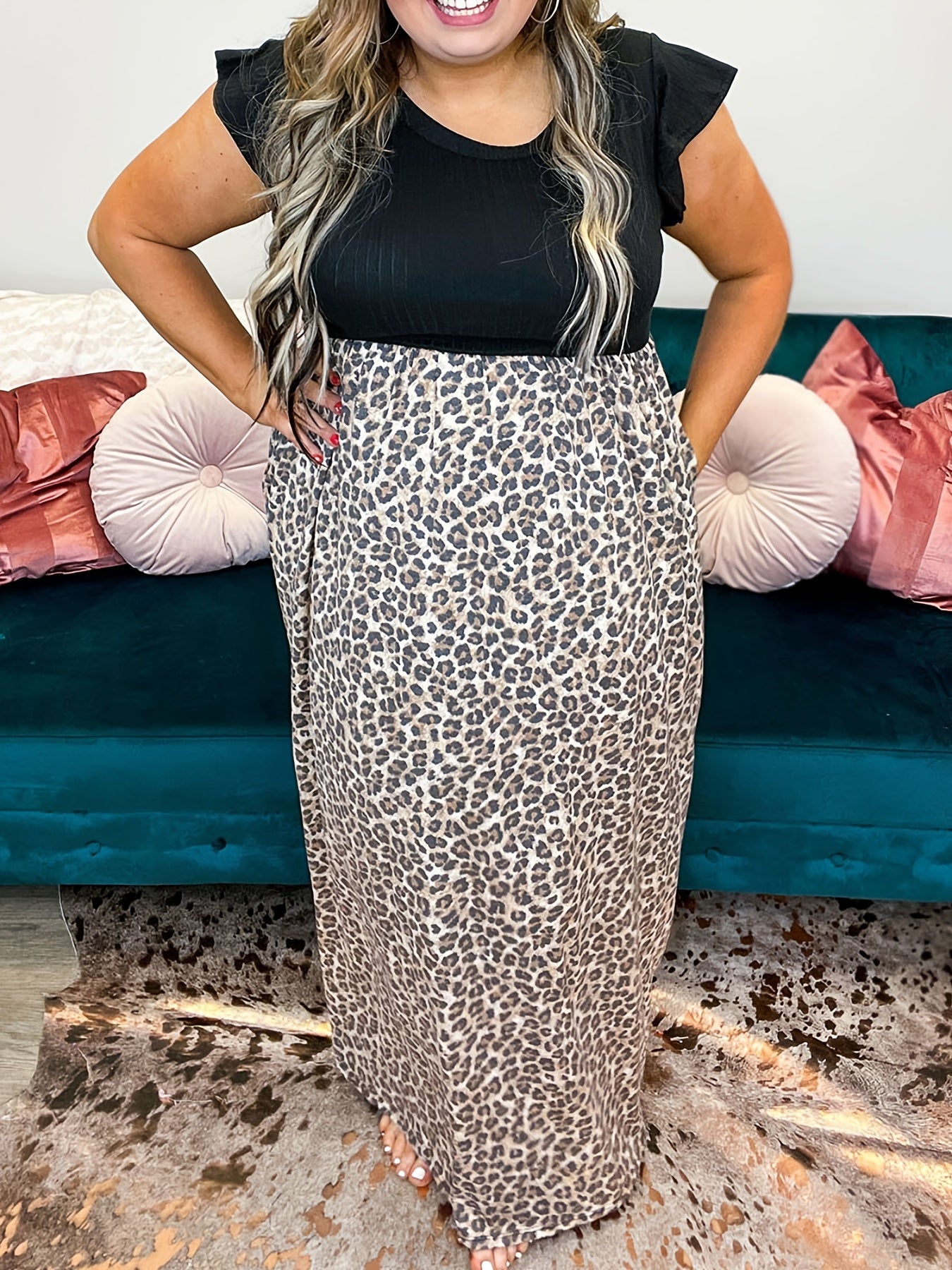 Colorblock Leopard Print Maxi Dress With Pockets