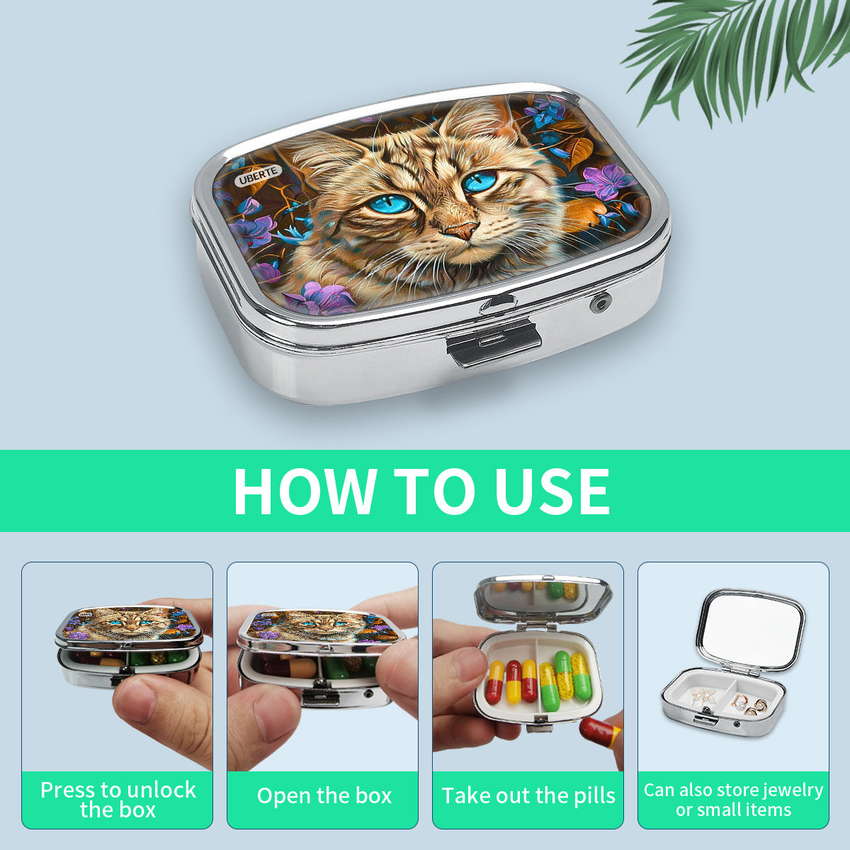 Cat Eyes Pillbox with Leaf Pattern, Unique Gift for Family