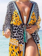  Boho Cover Up Women's Plus Leopard Print V Neck Robe