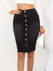 High Waist Denim Skirt Slim Fit Single Breasted Button Mid Stretch