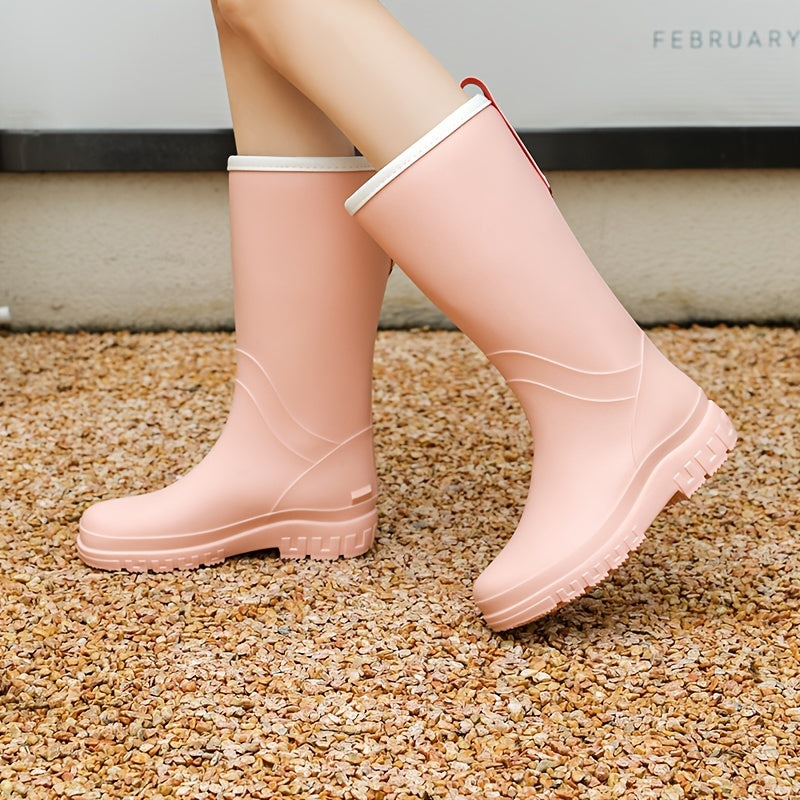 Women's Platform Mid Calf Rain Boots Waterproof Slip On Outdoor Shoes